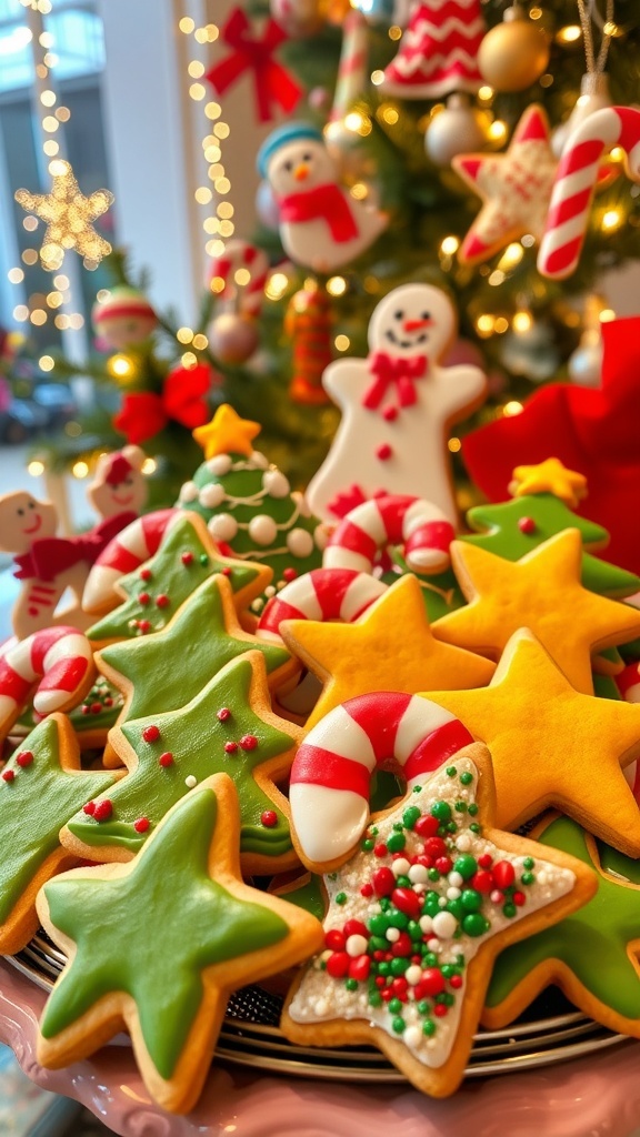 A platter of decorated Christmas cookies in various shapes, surrounded by holiday decorations and lights.